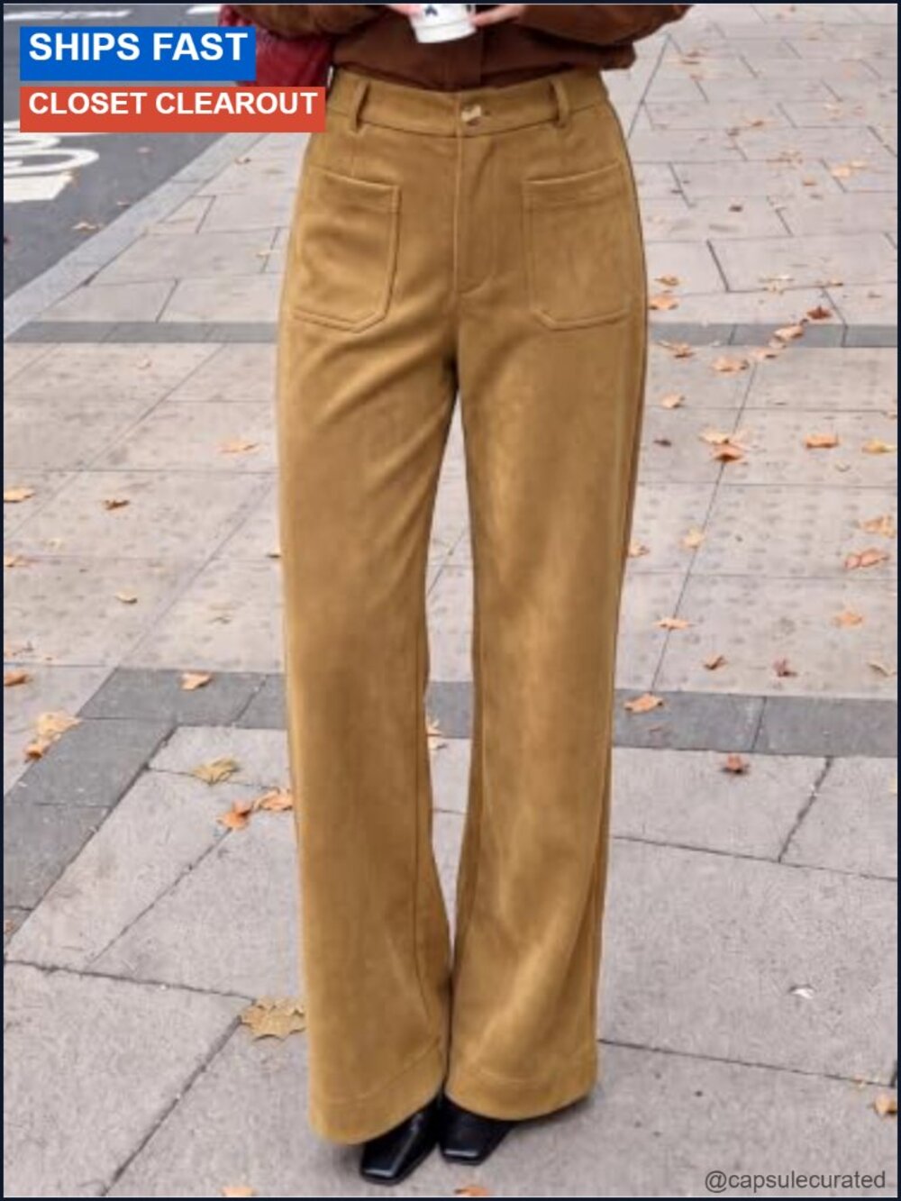 Suede Straight Leg High Waisted Trousers Casual Fall Pants - Picture 2 of 6